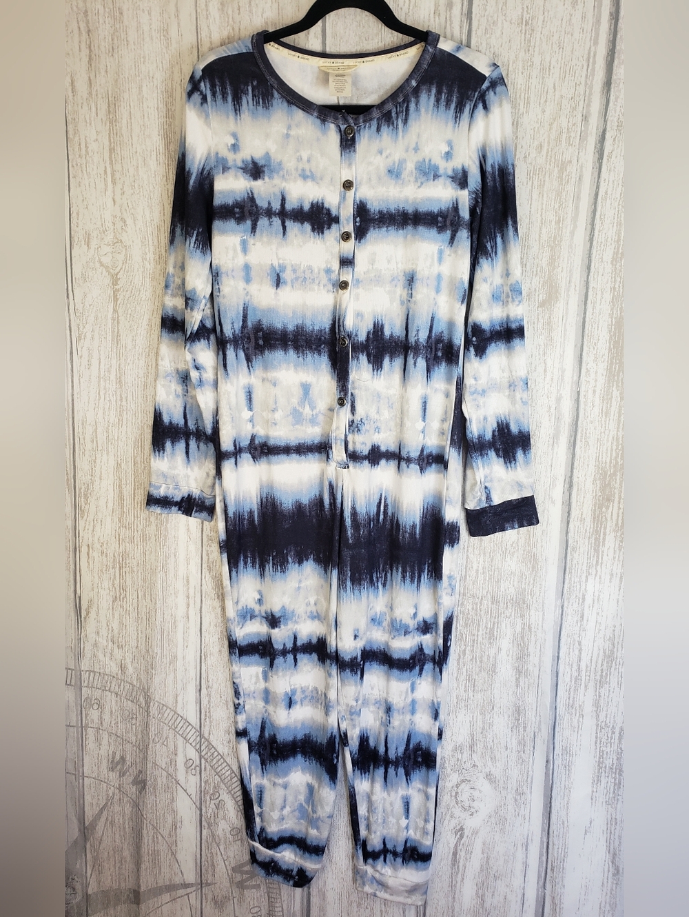 Lucky Brand One Piece blue & white tie-dye long johns pajamas Button  Large EUC